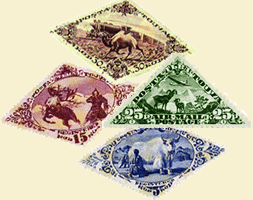 Four Tuvan stamps: camel, argalis, yak, reindeer
